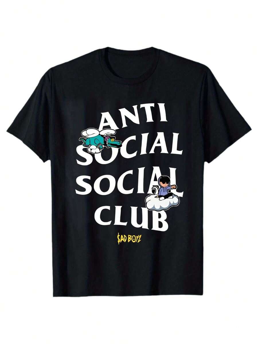 Camiseta ligera para hombres - camiseta de cuello redondo y manga corta, suave y transpirable con el diseño del club antisocial de 'Chico Triste' - hecha de algodón, adecuada para golf, correr, entrenamiento y ropa casual, un modelo habitual de camiseta de manga corta ideal para el ocio durante las cuatro estaciones con estampado de diseño para hombres. - Negro - Ver 1