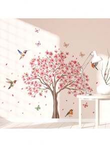粉色花朵丛林蝴蝶鸟类可移除儿童房墙贴，适合女孩 - 自粘式儿童房装饰贴花，可重新定位粉色蝴蝶鸟花卉乙烯基墙贴，易于粘贴 - 彩色 - 查看 9