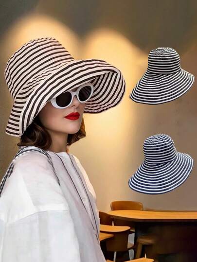 Vintage Striped Wide Brim Bucket Hat For Women, Foldable Versatile Casual Sun Protection Hat For Outdoor, All Season