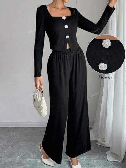 2pcs Solid Color Knitted Textured Floral Decor Long Sleeve Top And Pants Set