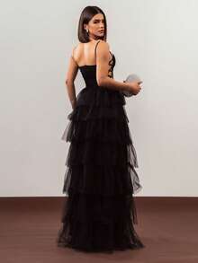 LONG WEDDING PARTY DRESS  BRIDESMAIDS CLASSIC TULLE WITH SHINE - BLACK - View 2