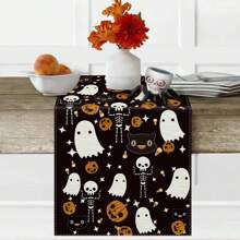 1/25pcs Halloween Themed Pumpkin & Haunted Castle Pattern Table Runner, Dining Table Decor For Restaurant Party Holiday, Dark Style Tablecloth, Halloween Decoration, Indoor Decor, Halloween Party Supplies, Holiday Gift, Room Decor, Dining Table Accessory