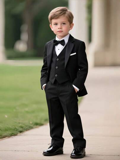 4pcs/Set Boys' Gentleman Suit, Includes Elegant Black Formal Notch Lapel Blazer, Vest, Pants, Tie, Suitable For All Seasons