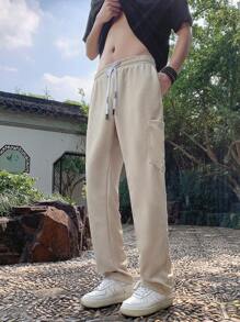 Brand Casual Pants, Multi-Pocket With Drawstring, Relaxed Straight Leg Sweatpants For Men, Lightweight For Summer