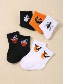Infant/Children 5 Pairs Halloween Pumpkin/Ghost/Bat Pattern Orange Casual Elastic Mid-Calf Socks - Multicolor - View 7
