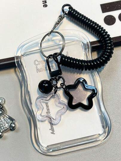 1 pieza Llavero con portafoto de vuelta al colegio estilo Kpop - Estuche de silicona transparente con diseño de estrella azul, protector de fotos para tarjetas de autobús, identificaciones de estudiante y talla grande, portacards lindo