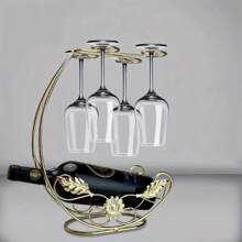 Modern Wrought Iron Wine Glass Rack - Vertical Metal Bottle Rack, Tabletop Stemware Rack, Inverted Wine Glass Display, Can Hold 1 Bottle Of Wine And 4 Glasses, No Assembly Required - Gold - View 4