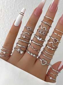28pcs Set Minimalist Rhinestone Heart, Wave, Star Geometric Knuckle Rings, Elegant Gift For Women, Suitable For Dating, Daily Wear, Party (Size Chart Included, Purchase Carefully) (No Gift Box)