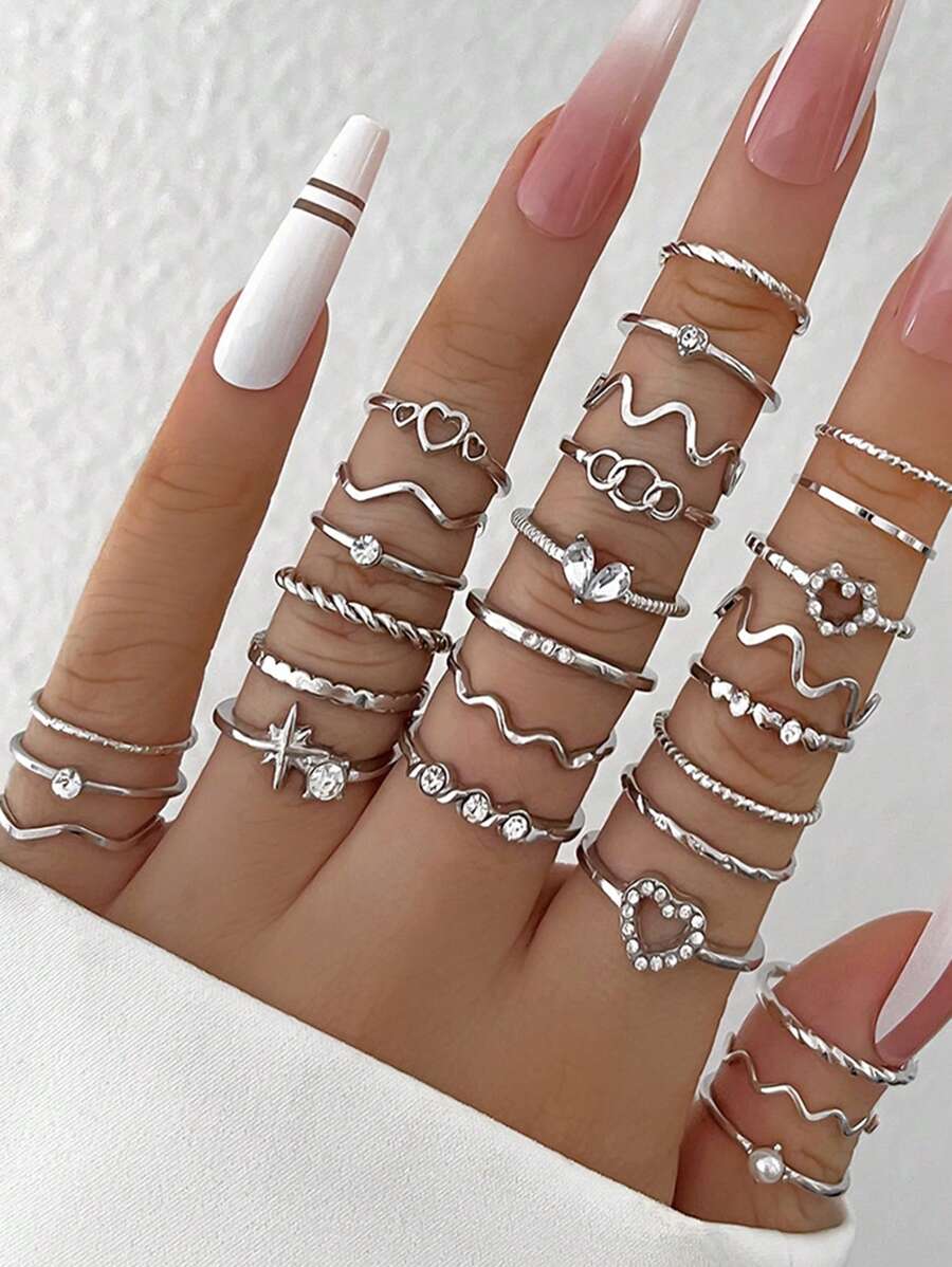 28pcs Set Minimalist Rhinestone Heart, Wave, Star Geometric Knuckle Rings, Elegant Gift For Women, Suitable For Dating, Daily Wear, Party (Size Chart Included, Purchase Carefully) (No Gift Box)