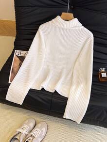 Jersey de punto acanalado de cuello alto de unicolor, suéter casual para mujer, para usar en casa, oficina, viajes, ropa de calle, fiesta, manga larga, ropa de oficina para mujer, blusas para mujer, festival, salir, top de ganchillo, otoño mujer, otoño, vuelta al colegio, todo blanco, concierto country