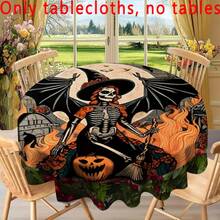1pc Round Tablecloth, Must-Have For Halloween! Pumpkin + Bat Elements, Ideal For Dark Party Atmosphere, Suitable For Daily Home, Living Room, Dining Room, Theme Party Events, Washable And Reusable