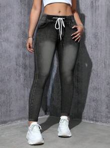 Women's High Waist Skinny Denim Jeans, Crafted With Elastic Drawstring Waist, Subtle Ombre Fade, Functional Front Pockets, And Decorative Button - Accented Back Pockets For Detailed Appeal