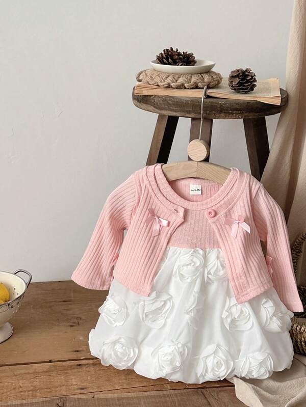 2pcs/Set Baby Girls Sweet White Rose Princess Dress + Long Sleeve Bow Animal Ear Cardigan Outfit, Spring/Autumn