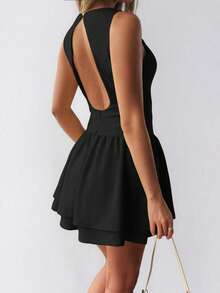 Women's Solid Color Fitted Backless Christmas Dress - Black - View 2