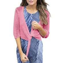 Women's Casual Boho Knitted Crop Cardigan Long Sleeve Plain Top With Slight Stretch - Pink - View 2