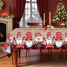 Weihnachtsthema Polyester Tischdecke, runder Durchmesser 145cm, rechteckig 140x180cm, Weihnachtstischdecke mit Weihnachtsmann Zwerg Muster, fröhliche Weihnachten Schriftzug Holzmaserung Hintergrund Design, geeignet für Feiertags-Restaurant, Heimdekoration und Jahresendfeier - Schwarz und Weiß - Übersicht 2