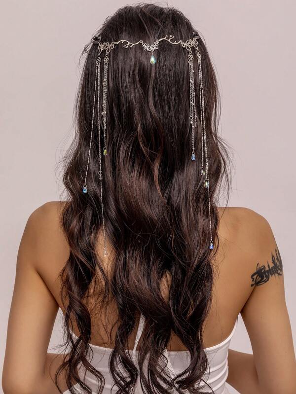 1pc Retro Tassel Hairpin Headchain, New Bride Crystal Waterdrop Chain Headpiece, Hair Accessory For Dress, Wedding Gown, Hanfu, Head Jewelry, Hair Vine Chain