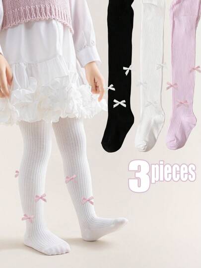 1/3 双女婴可爱蝴蝶结装饰紧身裤袜，适合所有季节的女童浪漫风格紧身裤