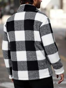 Chaqueta de hombre de felpa, abrigo de solapa de mezcla de lana a cuadros en blanco y negro, estilo casual de calle adecuado para otoño/invierno