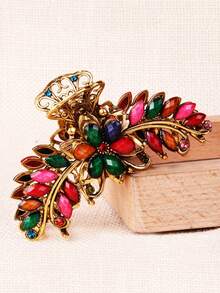 1pc Oversized Vintage Palace Style Hair Clip, Women's Daily Braided Hair Accessory, Matching Cheongsam And Hanfu, Blue Sapphire Imitation Green Alloy Hair Clip Decorated With Colorful Crystals, Retro European And American Style, Oversized Design, Suitable For New Year, Holidays, Birthday Gifts And Daily Elegant Attire, Holiday Accessories, European And American Style Hair Accessories, Women's Claw Clip, Autumn Accessories, Floral Hair Claw, Autumn/Winter Holiday Attire. Flower Hair Clip - Multicolor - View 7