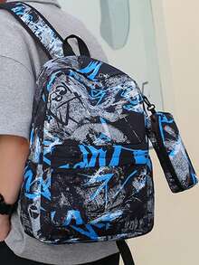 男士新款涂鸦运动休闲旅行组合背包、斜挎包、小包 - 彩色 - 查看 8