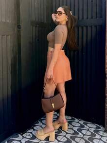 Cropped Blouse Short Sleeve Polyamide Suplex Round Neck Mia - Rust Brown - View 9