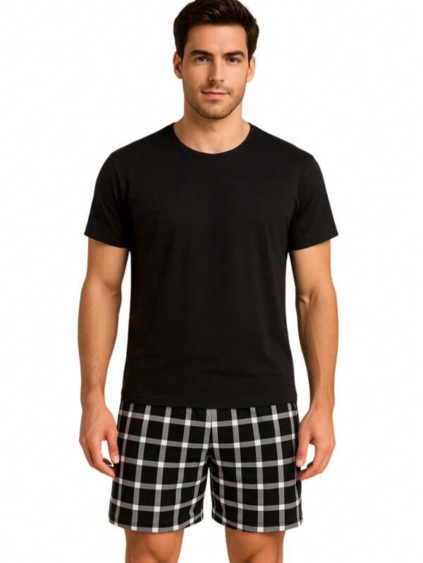 FEMINNITA Pijama Roupa de dormir Masculino Suede Meia Manga e Bermuda Confortável Xadrez