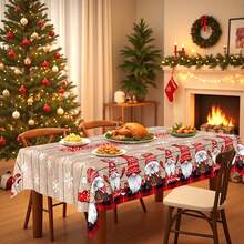 Weihnachtsthema Polyester Tischdecke, runder Durchmesser 145cm, rechteckig 140x180cm, Weihnachtstischdecke mit Weihnachtsmann Zwerg Muster, fröhliche Weihnachten Schriftzug Holzmaserung Hintergrund Design, geeignet für Feiertags-Restaurant, Heimdekoration und Jahresendfeier - Schwarz und Weiß - Übersicht 7