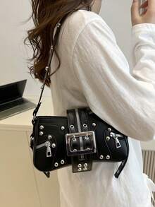 Fashion Rivet Women's Shoulder Bag, Underarm Bag, Crescent Bag, Belt Clip Motorcycle Bag - Black - View 4