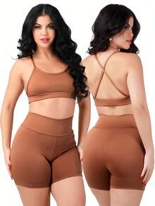 Work Fitness Kit 2 Set Bare Back Top With Cross Straps And Bermuda Shorts Basic Premium - Terracotta - View 1