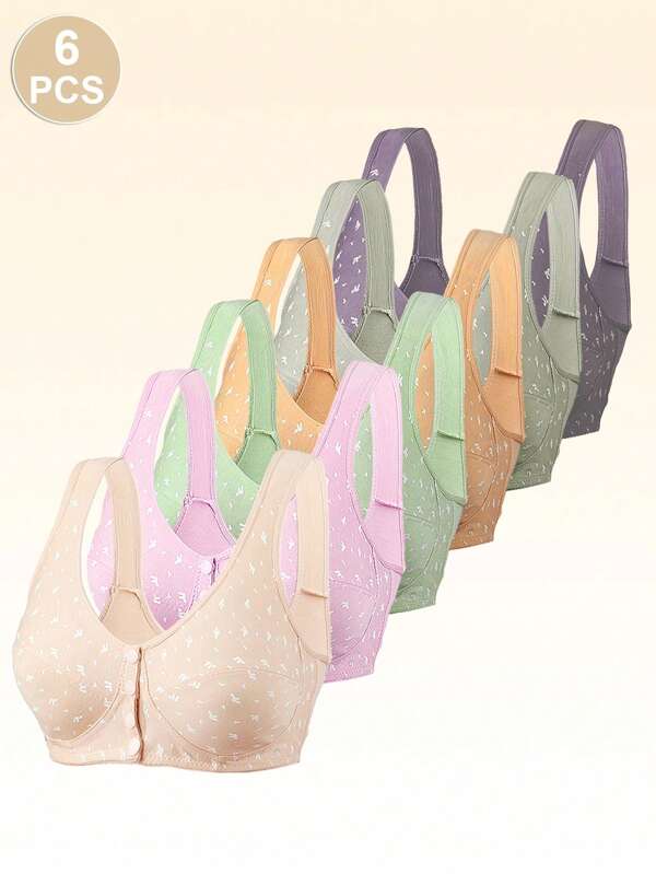 6pcs Women's Comfortable & Cute Sweet Print Front Closure Bras