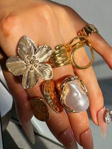 Set 6 Buah Cincin Paduan Emas Asimetris Mewah, Berkilau, Unik, Kreatif, dan Bergaya Vintage untuk Wanita, Cocok untuk Sehari-hari, Pesta, Liburan, dan Perjalanan. - MultiWarna - View 3