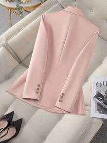 1 件平纹织物金属纽扣女式西装外套，适合办公室和日常穿着 - 粉色 - 查看 2