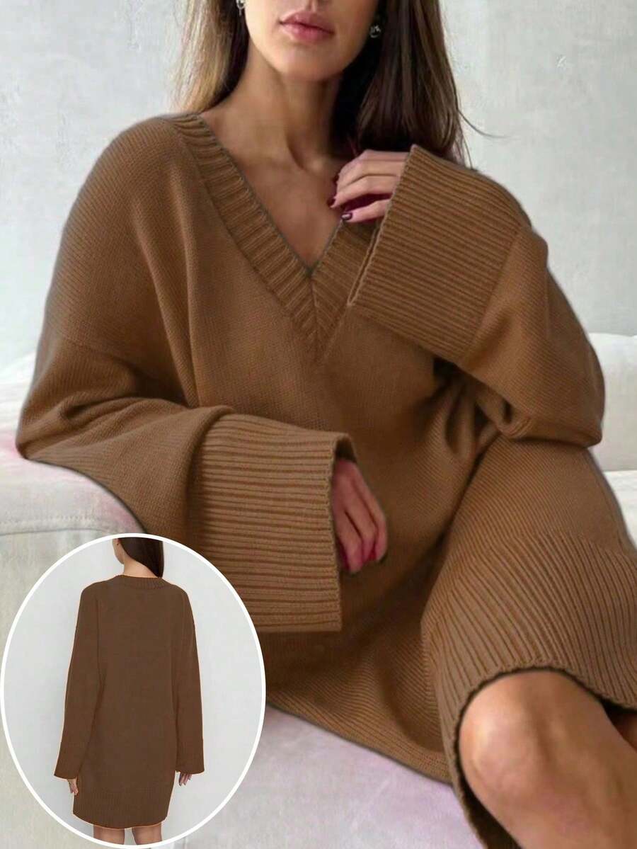 Women's Casual V-Neck Dropped Shoulder Long Sleeve Knitted Dress, Plus Size, Autumn/Winter - Caramel - View 1