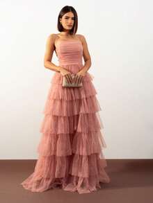 LONG WEDDING PARTY DRESS  BRIDESMAIDS CLASSIC TULLE WITH SHINE - ROSE - View 1