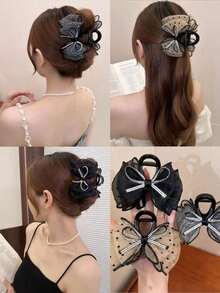 1pc Women's Shiny Bow Polka Dot Mesh Scrunchie Hair Claw Clip, Elegant Flower Hair Claw For Bun Hair Accessories Autumn Accessories