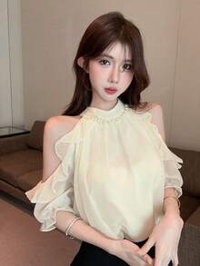 夏季新款仿珍珠项链露肩优雅光泽雪纺衬衫收腰半身裙套装，高端上衣 - 杏色 - 查看 4