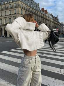 Ribbed Collar Solid Color Cropped Long Sleeve Loose Casual Knit Pullover Top - White - View 1