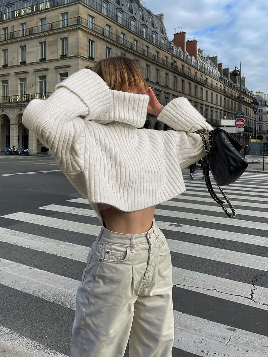 Ribbed Collar Solid Color Cropped Long Sleeve Loose Casual Knit Pullover Top - White - View 1