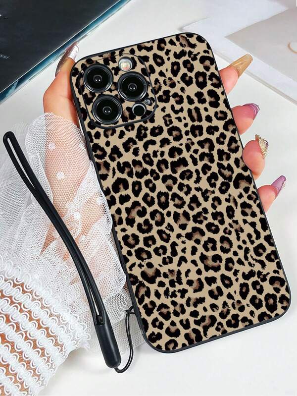 1 Stück schwarze TPU Leoparden-Muster Muster stoßfeste Handyhülle und 1 Stück schwarzer Silikon Handgelenksriemen, kompatibel mit Apple/passende Handyhülle/Handyhülle mit Schlüsselband/witzige Handyhülle/Android Handyhülle/Handyhülle/Handyhülle/OPPO Handyhülle/Galaxy