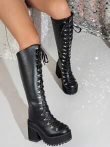 Damskie buty do kolan w stylu punkowym na grubym obcasie i platformie, jesień/zima 2025, czarne, lekkie, antypoślizgowe, wysokiej jakości buty robocze do pracy na świeżym powietrzu, buty dla studentek na Halloween, zajęcia na świeżym powietrzu muszą być smukłe i uniwersalne. - Czarne - Zobacz 3