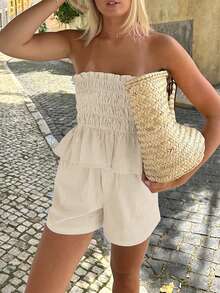 Vaiaye Women's Hawaii Boho Tropical Beach Vacation 2-Piece Set – One-Shoulder Striped Ruffle-Edge Minimalist Everyday Bandeau Top & Shorts, Perfect For Dates, Afternoon Tea, Holidays, Music Festivals And Christmas.