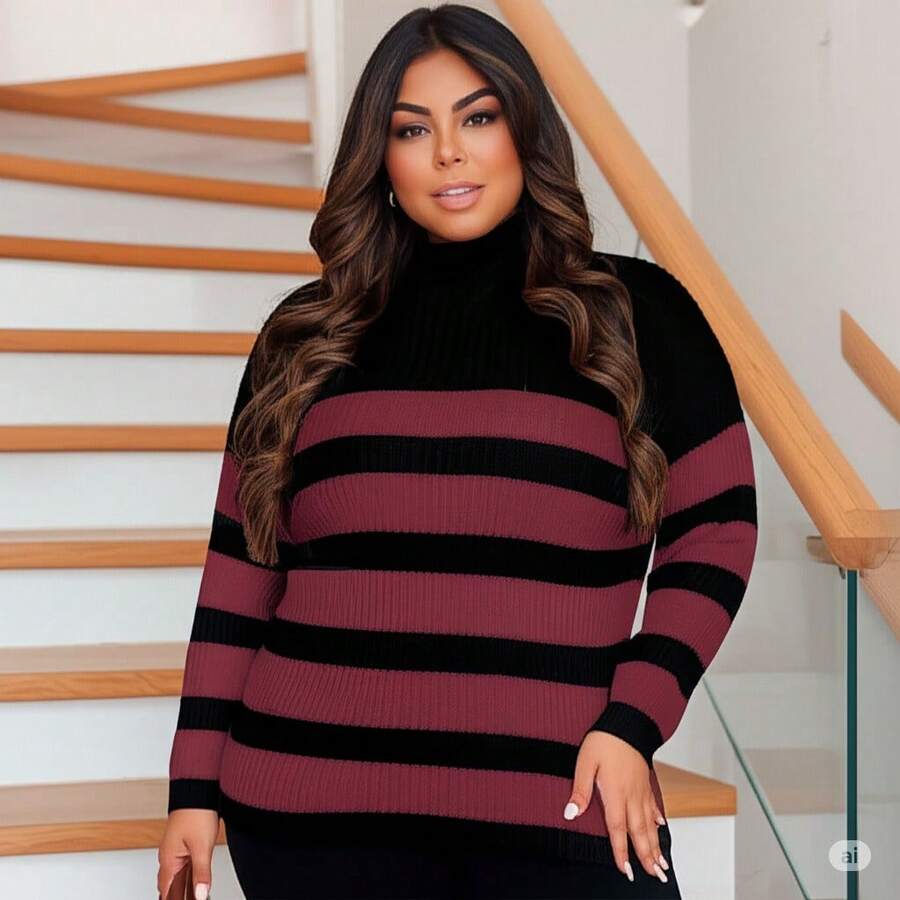 Plus Size Cold Knit Cacharrel Blouse With Thick Stripes And High Neck For Women - Black and Marsala - View 1