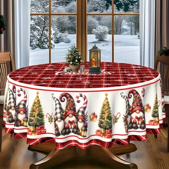 145cm(57.08inch) Round Polyester Christmas Tablecloth, Red White Black Plaid Christmas Gnome & Snowflake Pattern Tablecloth, Suitable For Christmas Family Gathering, Living Room Coffee Table Decor, Retro Plaid Style