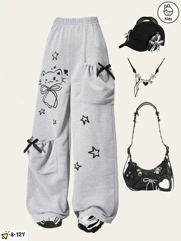 Girls' Fashionable Casual Pants, Light Gray Straight Leg Pants Paired With Cute Cat And Star Prints, Soft And Comfortable Fabric, Bow Pocket Design, Suitable For Wearing In Spring, Summer, Autumn And Winter