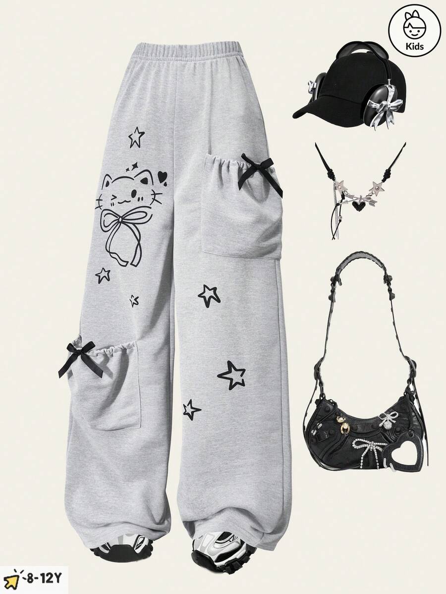 Girls' Casual Straight Leg Pants, Light Gray, Adorable Cat & Star Print, Soft & Comfortable Fabric, Bow Pocket Design, Suitable For Spring, Summer, Autumn, Winter - Grey - View 1