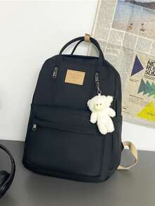 时尚简约大容量纯色学生背包，女士休闲背包带挂件