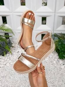 女士时尚纯色休闲麻绳编织厚底凉鞋，波西米亚度假复古坡跟凉鞋，帆布鞋底坡跟踝带凉鞋，适合春夏、春假复活节 - 金色 - 查看 1