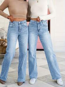 Jeans de pierna recta y ajustada, de cintura media, estilo callejero, apropiados tanto para looks casuales como de moda - Azul lavado medio - Ver 2