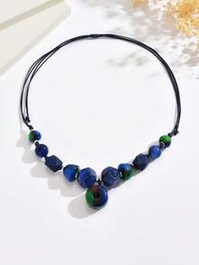 1 件波西米亚复古木质八角形串珠手工吊坠项链，夸张短款颈链，适合女士 - 藍色 - 查看 4
